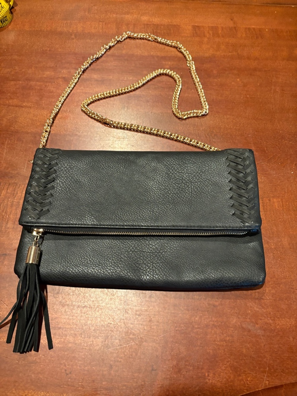 Black Leather Crossbody Clutch with Gold Chain- Brand: Moda Luxe